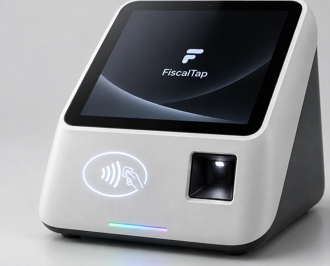 Vista frontal del diseño conceptual de FiscalTap Bridge con pantalla y lector NFC