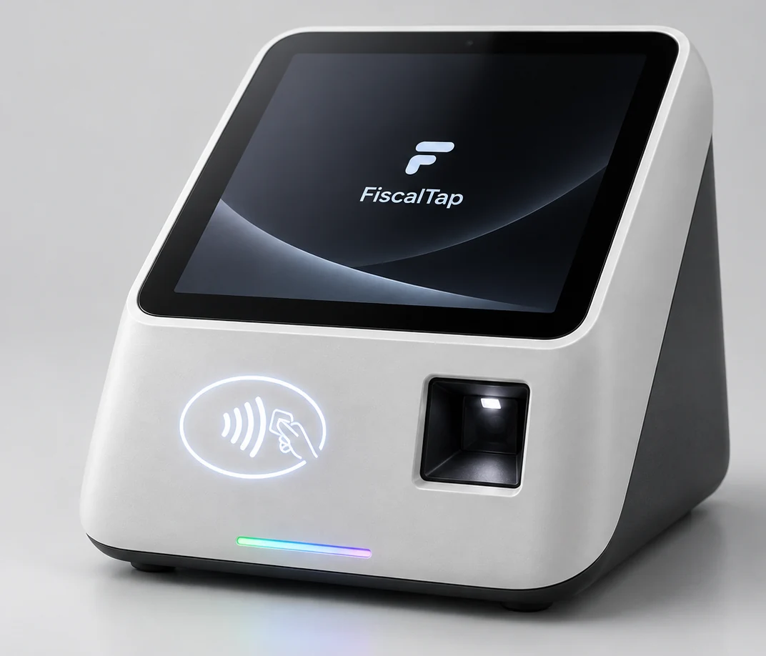 Render conceptual de FiscalTap Bridge: dispositivo blanco de sobremesa con pantalla, zona NFC y lector QR