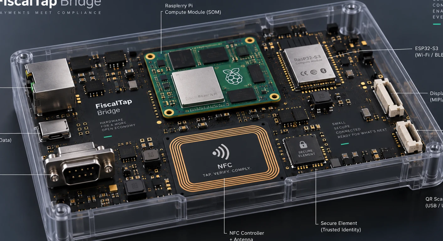 Render conceptual de una placa electrónica para FiscalTap Bridge con módulos, antena NFC y conectores
